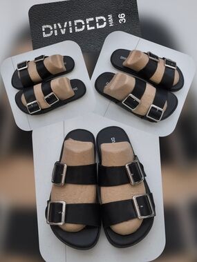 DIVIDED Black Double Buckle Slide Sandals Size 36 (6)